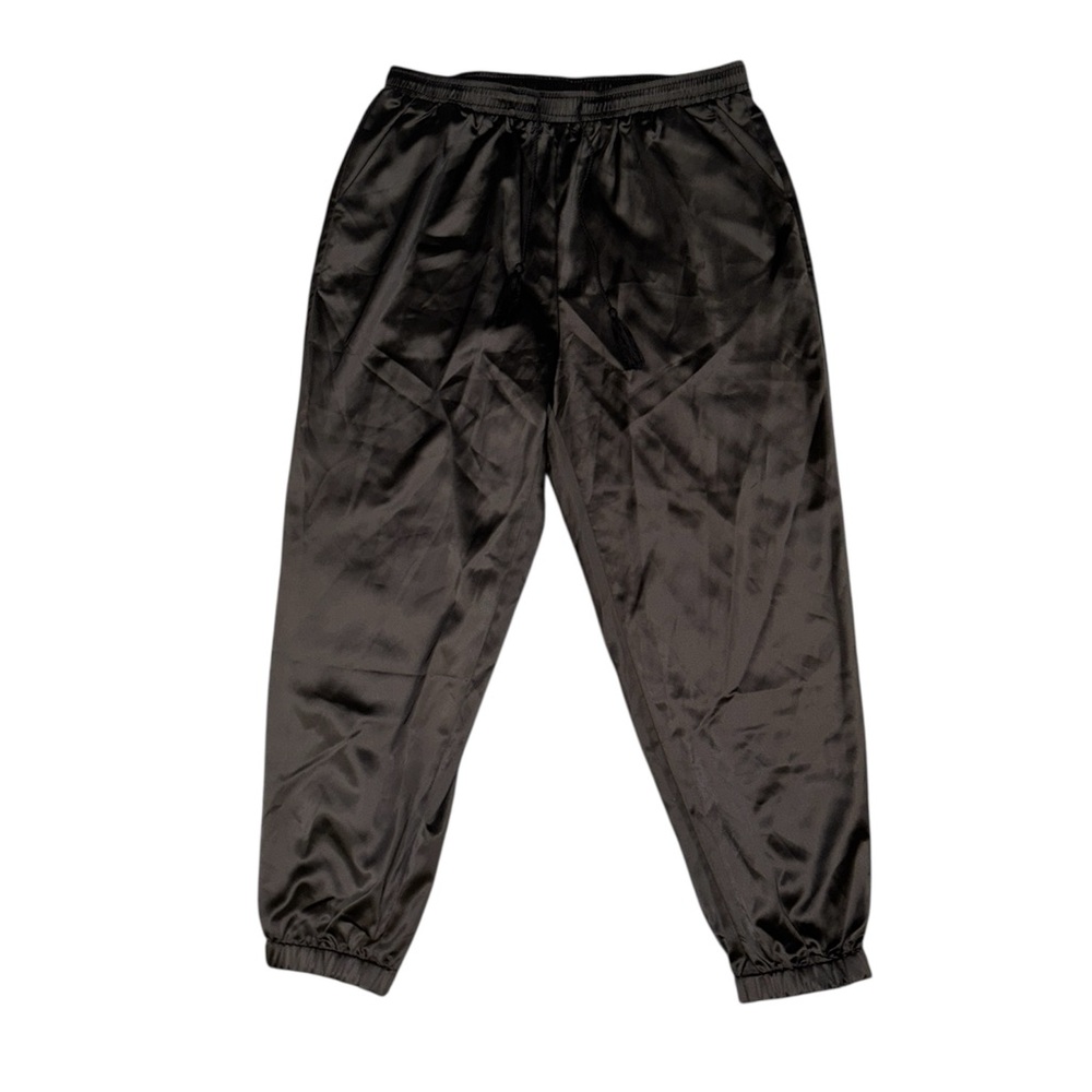 Allegra K Black Satin Pants Drawstring Elastic Waist Straight Leg Joggers - L - Picture 6 of 9